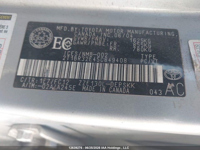 12639276 :رقم المزاد ، 2T1BR32E45C849408 vin ، 2005 Toyota Corolla Ce/le/sport مزاد بيع