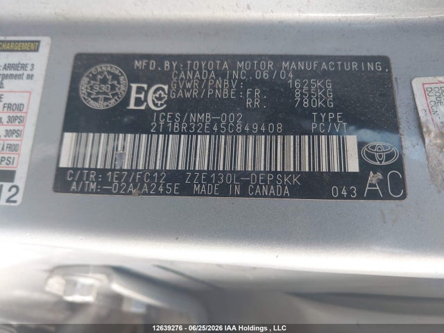12639276 :رقم المزاد ، 2T1BR32E45C849408 vin ، 2005 Toyota Corolla Ce/le/sport مزاد بيع