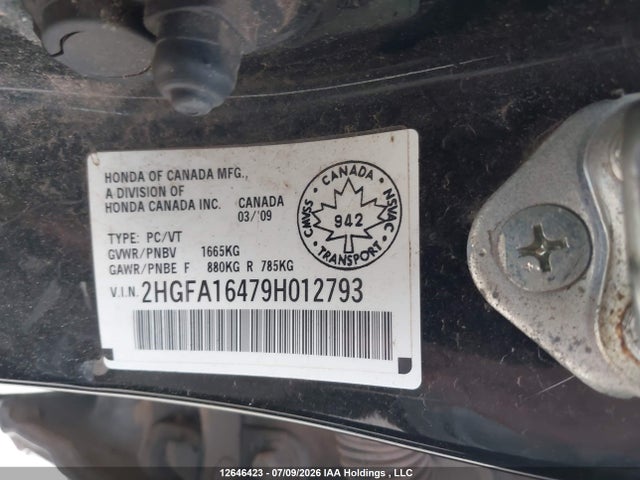 12646423 :رقم المزاد ، 2HGFA16479H012793 vin ، 2009 Honda Civic Dx-g مزاد بيع