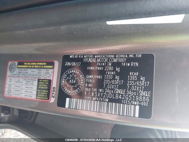 12646426 :رقم المزاد ، 5XYZUDLB4JG519886 vin ، 2018 Hyundai Santa Fe Sport 2.4 Premium مزاد بيع