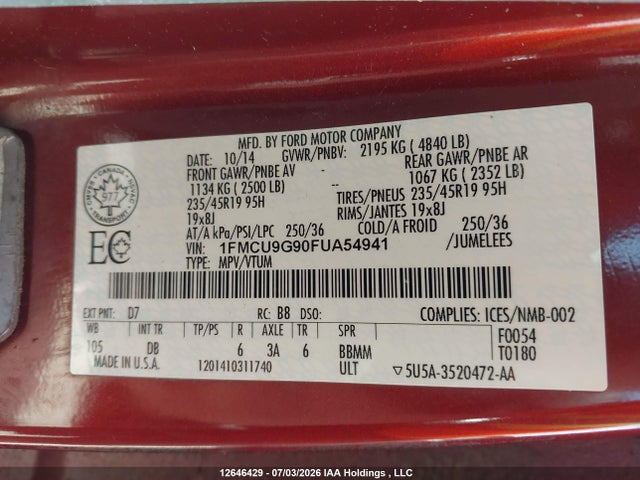 Ford Escape 2015 1FMCU9G90FUA54941 Image 9