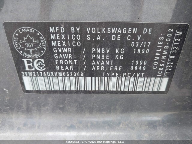 Продаж на аукціоні авто 2017 Volkswagen Golf 1.8 Tsi Comfortline/1.8 Tsi Highline/1.8 Tsi Trendline, vin: 3VW217AUXHM052368, номер лоту: 12646433