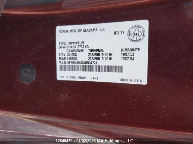 5FNRL6H83JB504721 Honda Odyssey Touring
