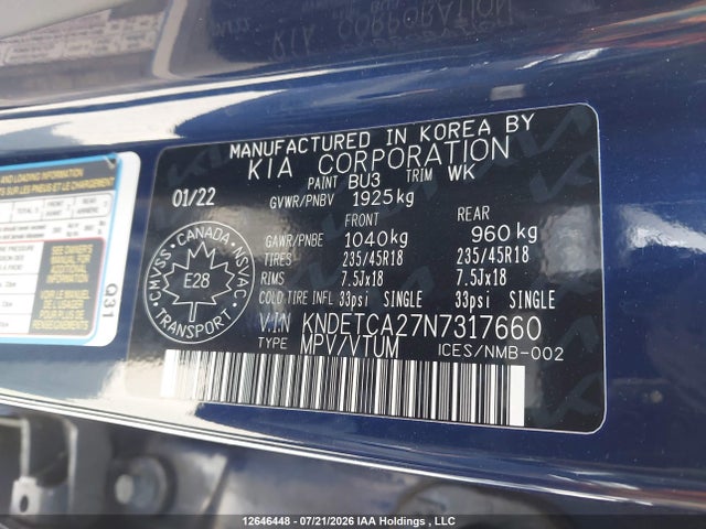 12646448 :رقم المزاد ، KNDETCA27N7317660 vin ، 2022 Kia Seltos Sx مزاد بيع