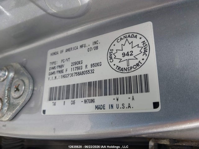Aukcja sprzedaży 2008 Honda Accord Ex V6, vin: 1HGCP36758A805532, numer aukcji: 12635628