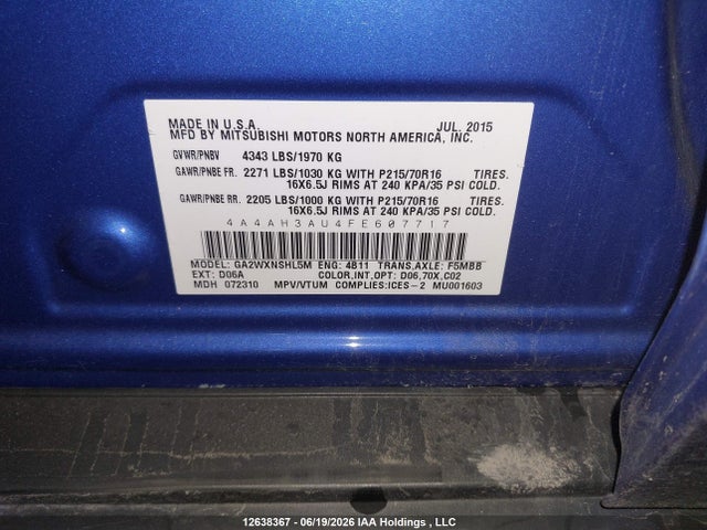 12638367 :رقم المزاد ، 4A4AH3AU4FE607717 vin ، 2015 Mitsubishi Rvr Es/se مزاد بيع