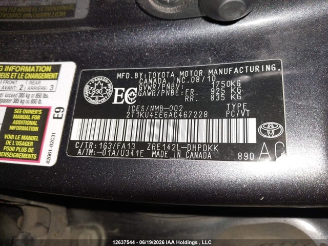 12637544 :رقم المزاد ، 2T1KU4EE6AC467228 vin ، 2010 Toyota Matrix مزاد بيع