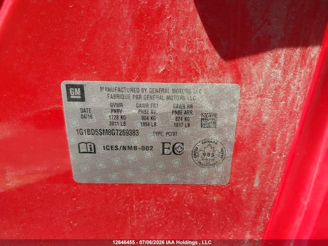 Aukcja sprzedaży 2016 Chevrolet Cruze Lt Manual, vin: 1G1BD5SM8G7269383, numer aukcji: 12646455