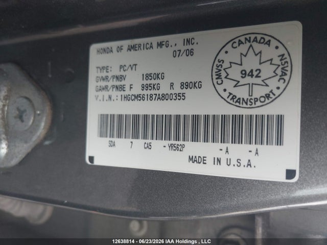 Продаж на аукціоні авто 2007 Honda Accord Dx-g, vin: 1HGCM56187A800355, номер лоту: 12638814