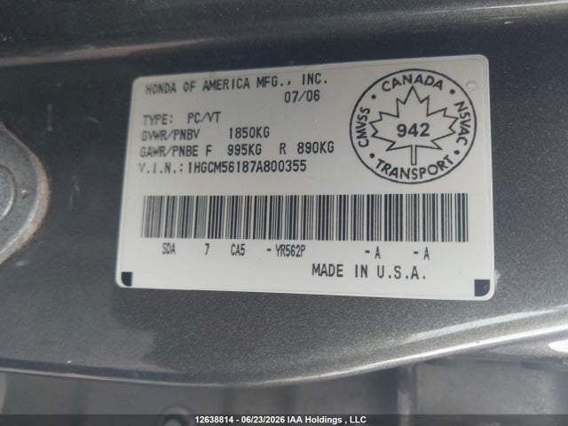 Продаж на аукціоні авто 2007 Honda Accord Dx-g, vin: 1HGCM56187A800355, номер лоту: 12638814