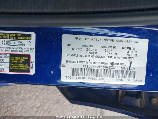 12631675 :رقم المزاد ، JM1BL1KF2C1594533 vin ، 2012 Mazda Mazda3 Gx مزاد بيع
