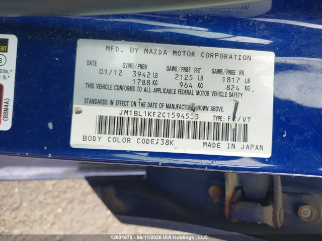 12631675 :رقم المزاد ، JM1BL1KF2C1594533 vin ، 2012 Mazda Mazda3 Gx مزاد بيع