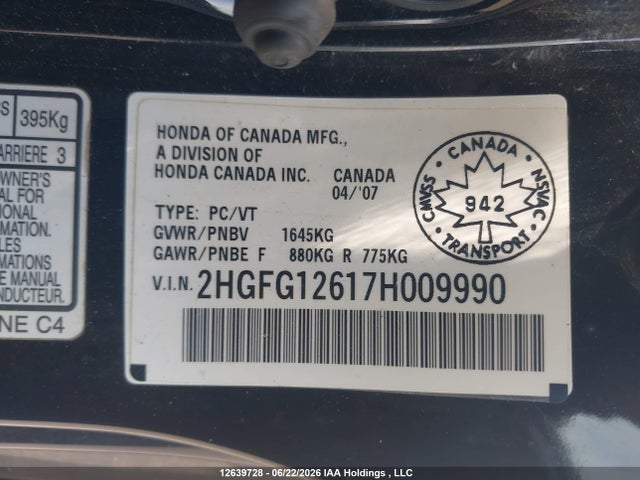 Продаж на аукціоні авто 2007 Honda Civic Lx, vin: 2HGFG12617H009990, номер лоту: 12639728