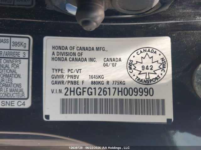 Продаж на аукціоні авто 2007 Honda Civic Lx, vin: 2HGFG12617H009990, номер лоту: 12639728