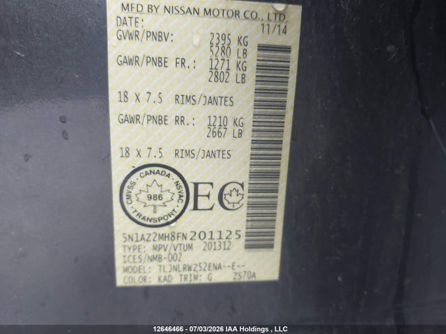 12646466 :رقم المزاد ، 5N1AZ2MH8FN201125 vin ، 2015 Nissan Murano Platinum/sl/sv مزاد بيع
