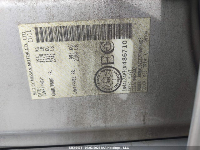 Aukcja sprzedaży 2012 Nissan Altima 2.5 S, vin: 1N4AL2AP3CN486710, numer aukcji: 12646471