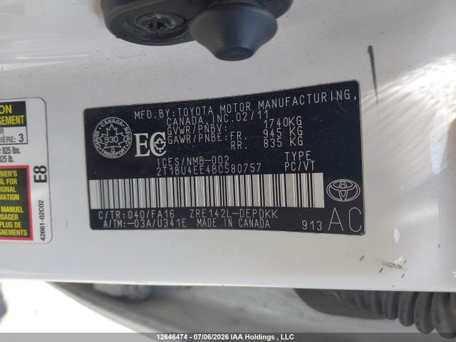 Продаж на аукціоні авто 2011 Toyota Corolla S/le, vin: 2T1BU4EE4BC580757, номер лоту: 12646474