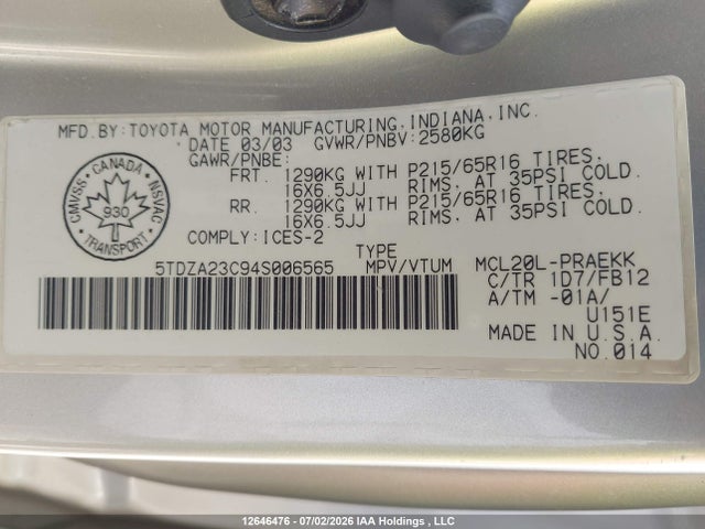 2004 Toyota Sienna Ce/le მანქანა იყიდება აუქციონზე, vin: 5TDZA23C94S006565, აუქციონის ნომერი: 12646476