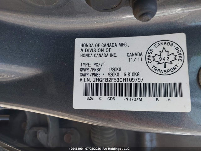 2012 Honda Civic Ex 4dr მანქანა იყიდება აუქციონზე, vin: 2HGFB2F53CH109797, აუქციონის ნომერი: 12646490