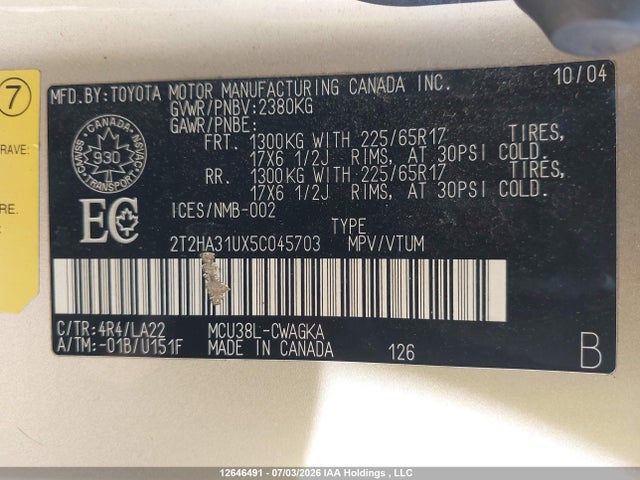 12646491 :رقم المزاد ، 2T2HA31UX5C045703 vin ، 2005 Lexus Rx 330 مزاد بيع