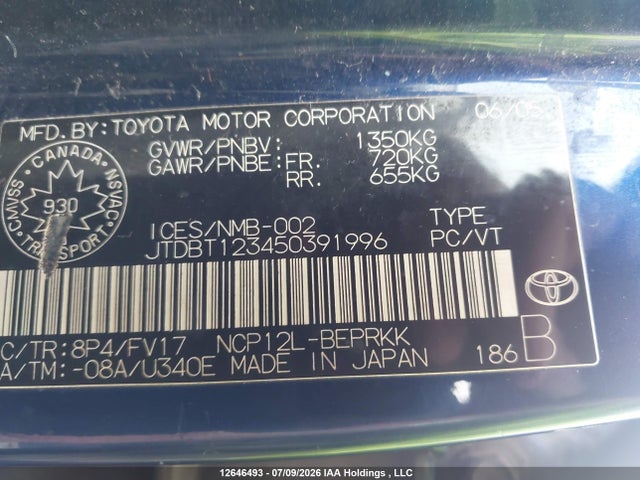 12646493 :رقم المزاد ، JTDBT123450391996 vin ، 2005 Toyota Echo مزاد بيع
