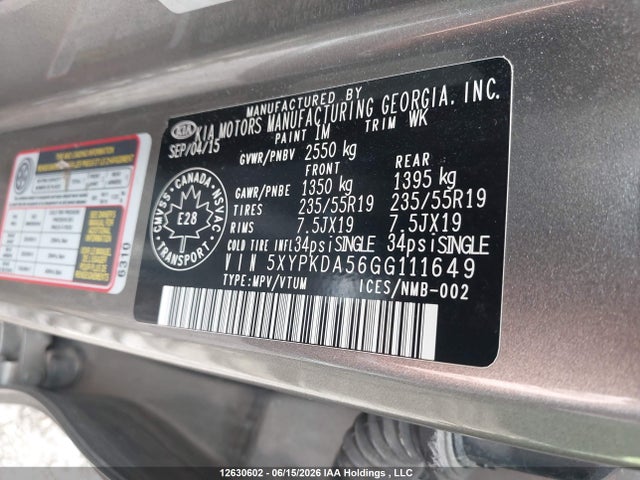 12630602 :رقم المزاد ، 5XYPKDA56GG111649 vin ، 2016 Kia Sorento 3.3l Sx/3.3l Sx+ مزاد بيع