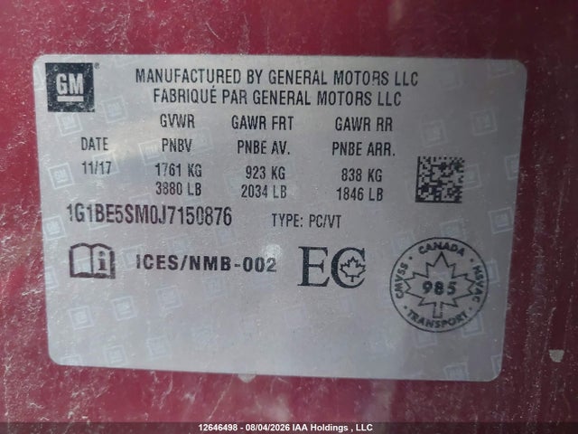2018 Chevrolet Cruze Lt Auto მანქანა იყიდება აუქციონზე, vin: 1G1BE5SM0J7150876, აუქციონის ნომერი: 12646498