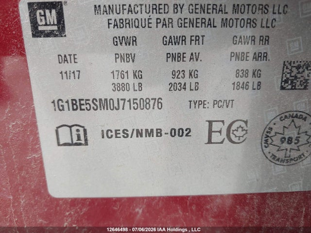 2018 Chevrolet Cruze Lt Auto მანქანა იყიდება აუქციონზე, vin: 1G1BE5SM0J7150876, აუქციონის ნომერი: 12646498