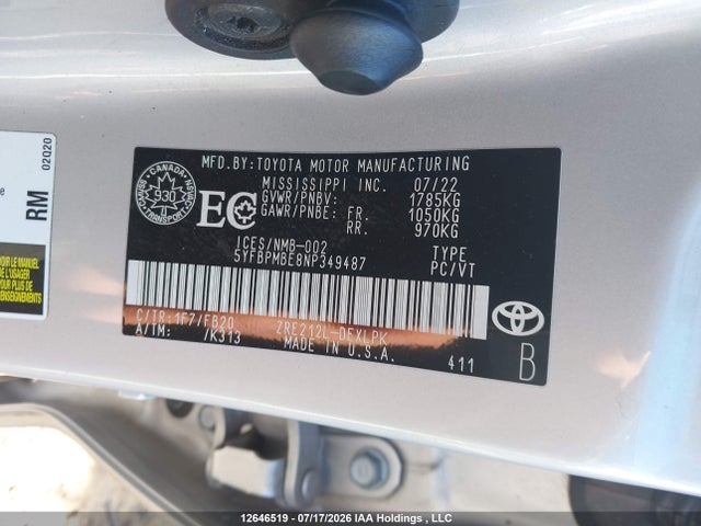 Продаж на аукціоні авто 2022 Toyota Corolla Le, vin: 5YFBPMBE8NP349487, номер лоту: 12646519