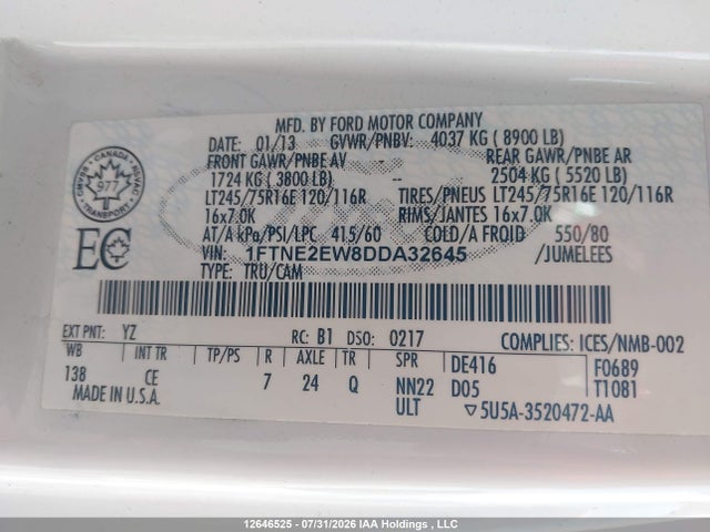 12646525 :رقم المزاد ، 1FTNE2EW8DDA32645 vin ، 2013 Ford E-250 Commercial مزاد بيع