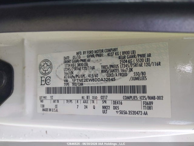 12646525 :رقم المزاد ، 1FTNE2EW8DDA32645 vin ، 2013 Ford E-250 Commercial مزاد بيع