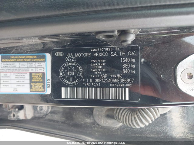 12646526 :رقم المزاد ، 3KPA25AD6ME386997 vin ، 2021 Kia Rio 5-door مزاد بيع