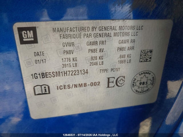 Продаж на аукціоні авто 2017 Chevrolet Cruze Lt, vin: 1G1BE5SM1H7223134, номер лоту: 12646531