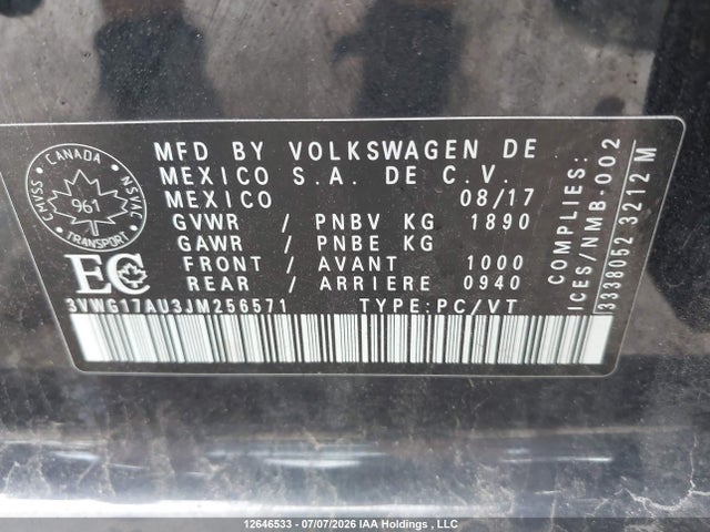 Volkswagen Golf 2018 3VWG17AU3JM256571 Image 9