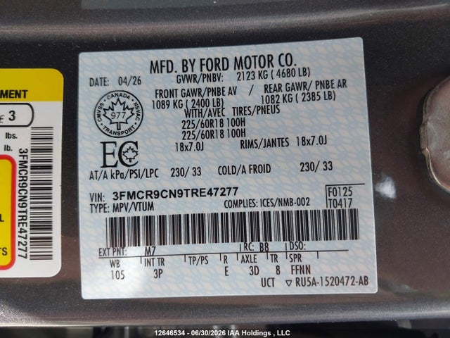 2026 Ford Bronco Sport Outer Banks მანქანა იყიდება აუქციონზე, vin: 3FMCR9CN9TRE47277, აუქციონის ნომერი: 12646534
