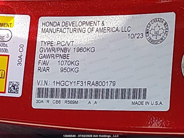 Aukcja sprzedaży 2024 Honda Accord Ex, vin: 1HGCY1F31RA800179, numer aukcji: 12646548