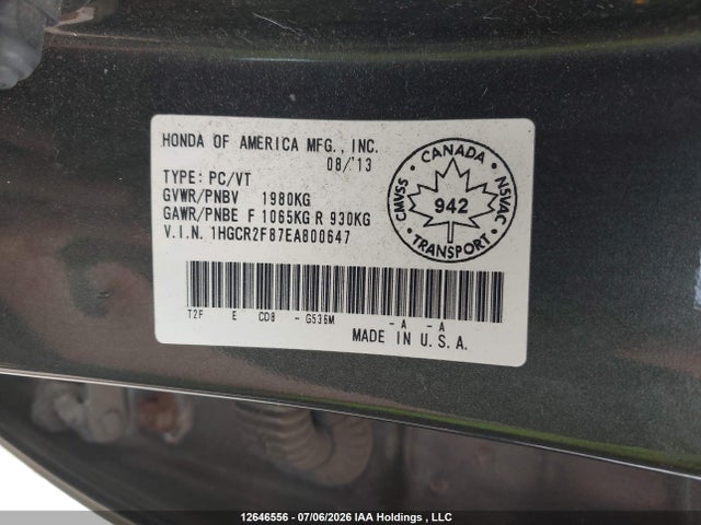 2014 Honda Accord Exl მანქანა იყიდება აუქციონზე, vin: 1HGCR2F87EA800647, აუქციონის ნომერი: 12646556
