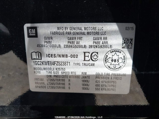 12646580 :رقم المزاد ، 1GC2KWE84FZ523871 vin ، 2015 Chevrolet Silverado K2500 Heavy Duty Ltz مزاد بيع