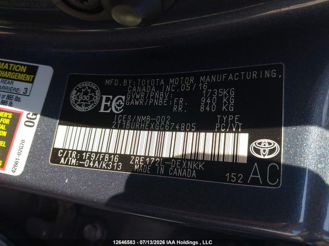Продажа на аукционе авто 2016 Toyota Corolla, vin: 2T1BURHEXGC674805, номер лота: 12646583