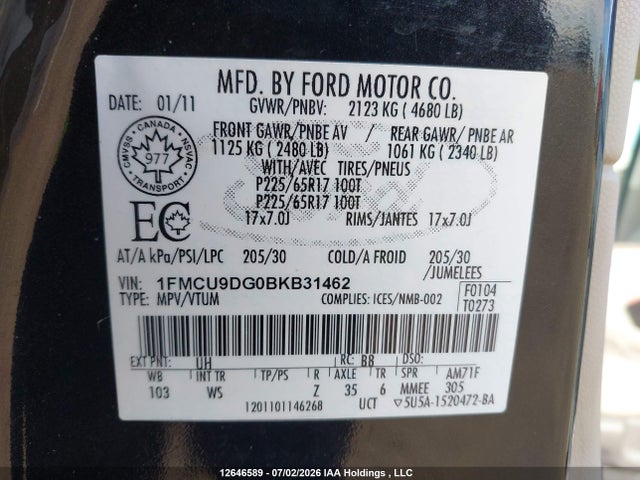 Продажа на аукционе авто 2011 Ford Escape Xlt, vin: 1FMCU9DG0BKB31462, номер лота: 12646589