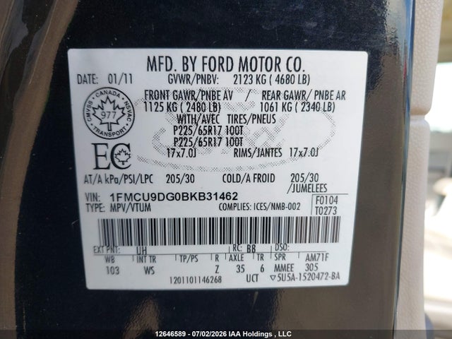 Продажа на аукционе авто 2011 Ford Escape Xlt, vin: 1FMCU9DG0BKB31462, номер лота: 12646589