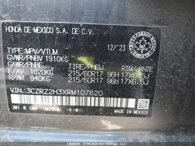 3CZRZ2H3XRM107620 Honda HR-V LX