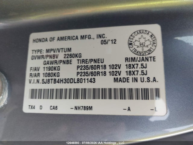 12646593 :رقم المزاد ، 5J8TB4H30DL801143 vin ، 2013 Acura Rdx مزاد بيع