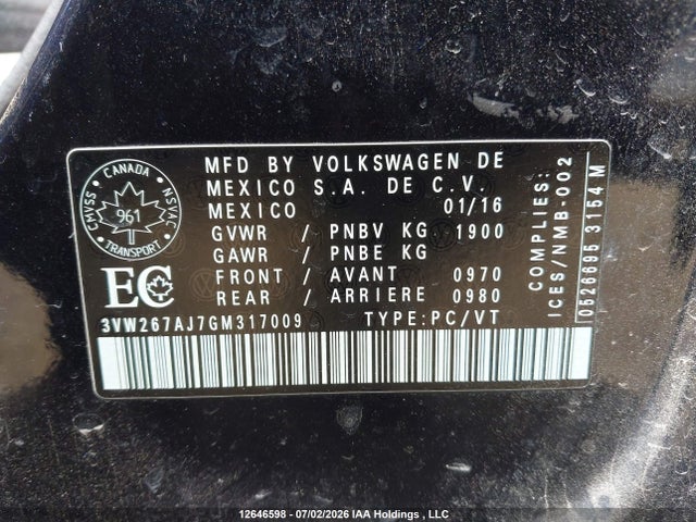 12646598 :رقم المزاد ، 3VW267AJ7GM317009 vin ، 2016 Volkswagen Jetta S مزاد بيع