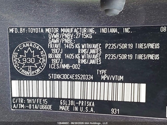 2014 Toyota Sienna Sport მანქანა იყიდება აუქციონზე, vin: 5TDXK3DC4ES520334, აუქციონის ნომერი: 12646602