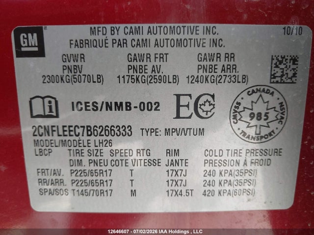 Aukcja sprzedaży 2011 Chevrolet Equinox Lt, vin: 2CNFLEEC7B6266333, numer aukcji: 12646607