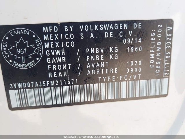 Продаж на аукціоні авто 2015 Volkswagen Jetta Sedan, vin: 3VWD07AJ5FM211571, номер лоту: 12646608