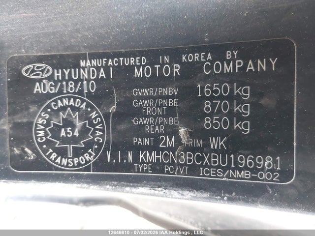 12646610 :رقم المزاد ، KMHCN3BCXBU196981 vin ، 2011 Hyundai Accent L مزاد بيع
