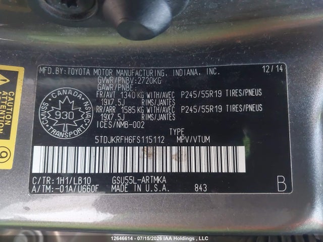 5TDJKRFH6FS115112 Toyota Highlander Xle