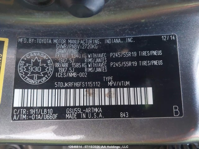 5TDJKRFH6FS115112 Toyota Highlander Xle